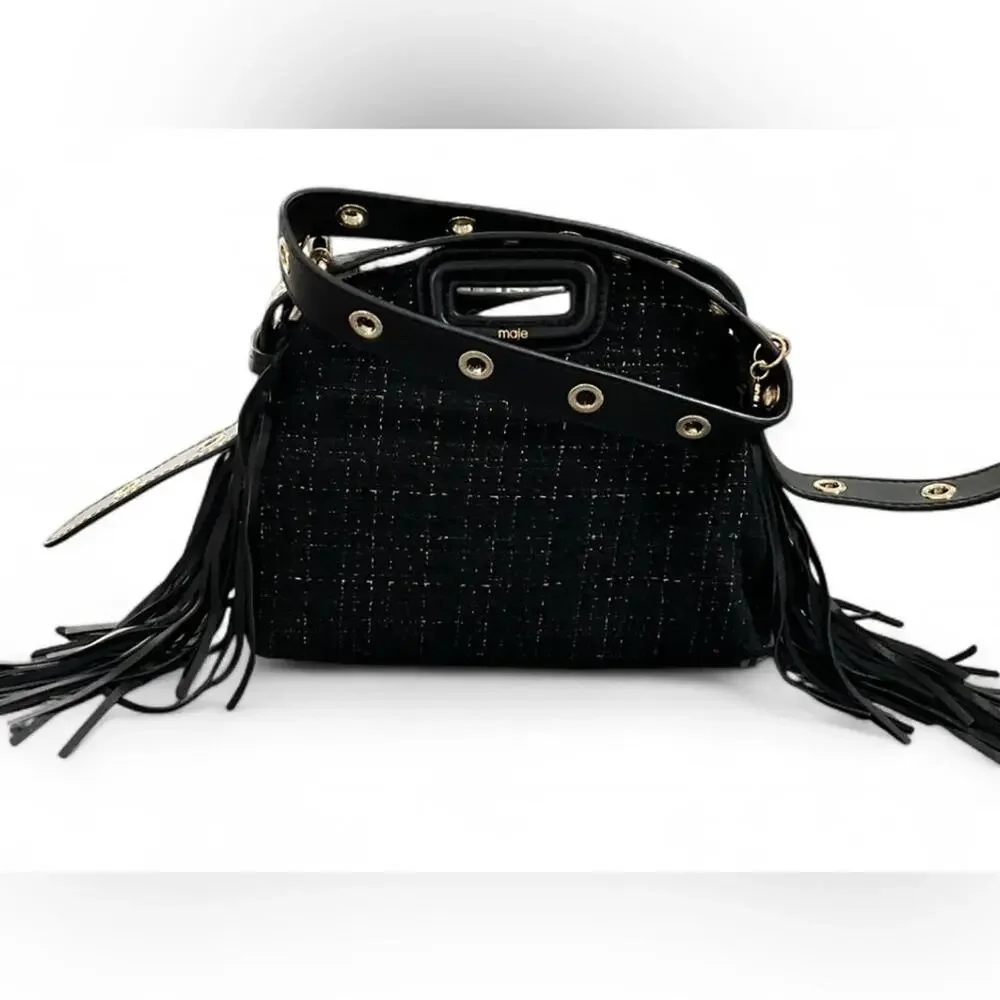 NWT MAJE Black Gold Metallic Tweed Crossbody Shoulder Bag Purse Leather Tassel - Picture 3 of 10